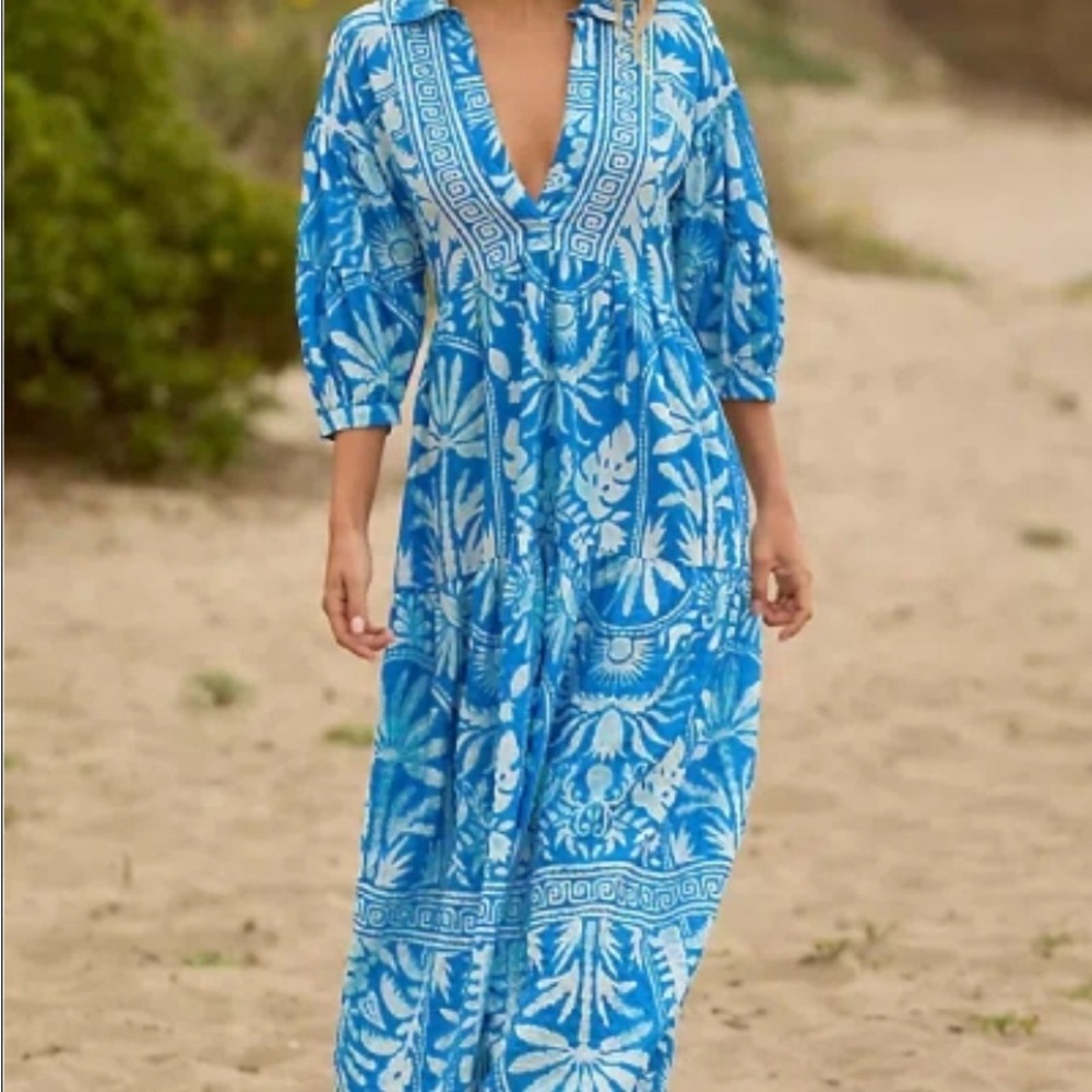 Celandine “Carolita” Blue and White Floral Tiered Shirt Dress NWT